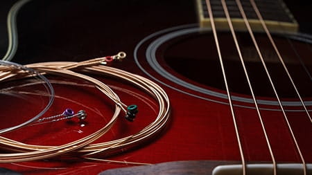 close up with acoustic guitar with strings