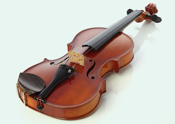 Brown violin lying flat on a mint background