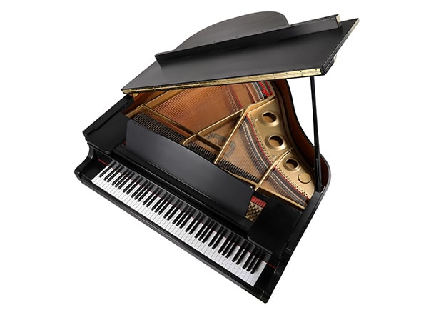Overhead view of black grand piano on isolated background
