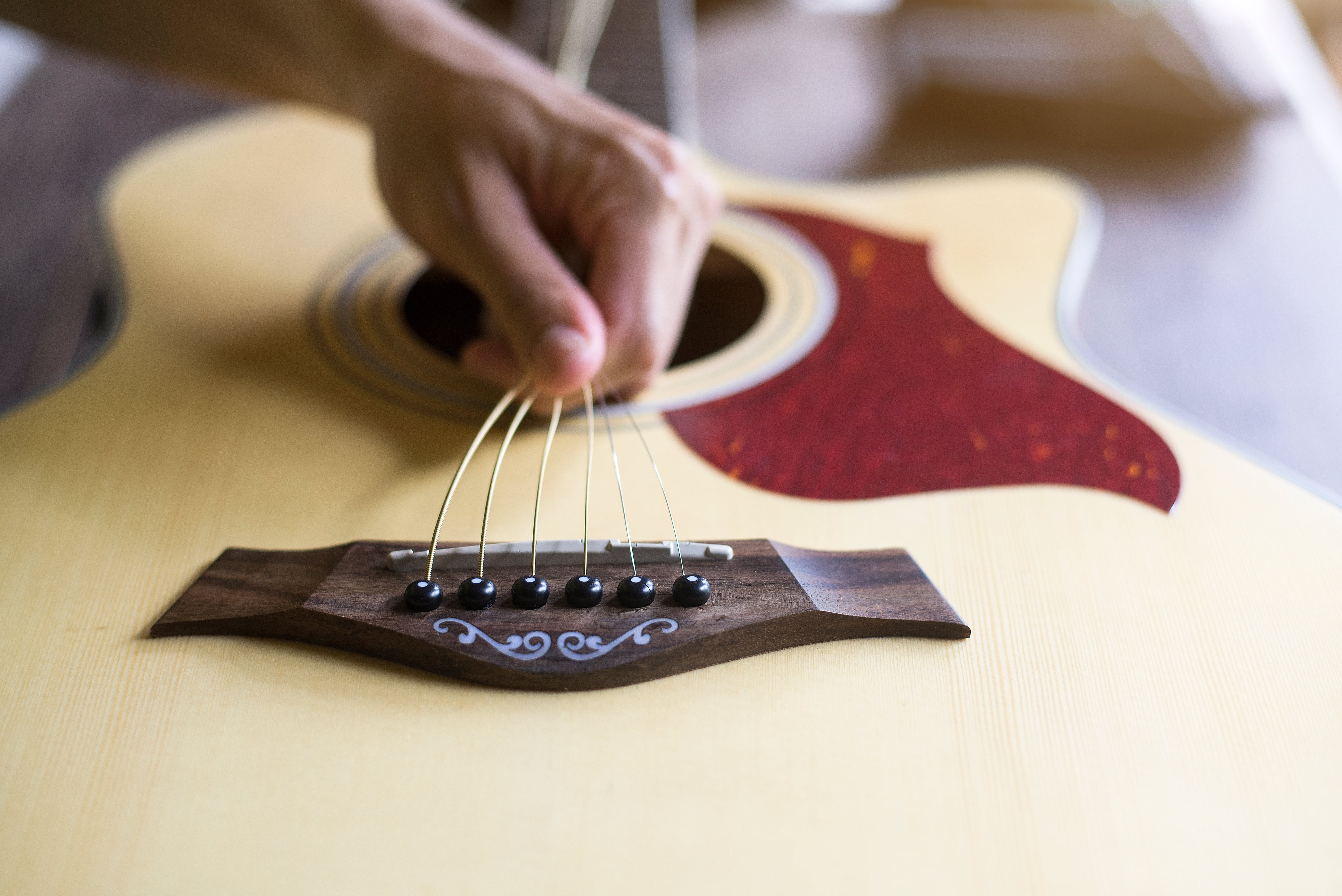Man holding the loosened guitar strings on an acoustic guitar